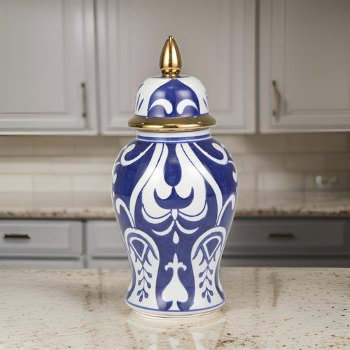 Nora Jar | Ceramic Urn Shape | Lid | Gold Accent | Blue