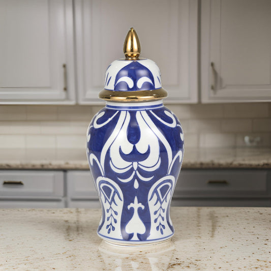 Nora Jar | Ceramic Urn Shape | Lid | Gold Accent | Blue