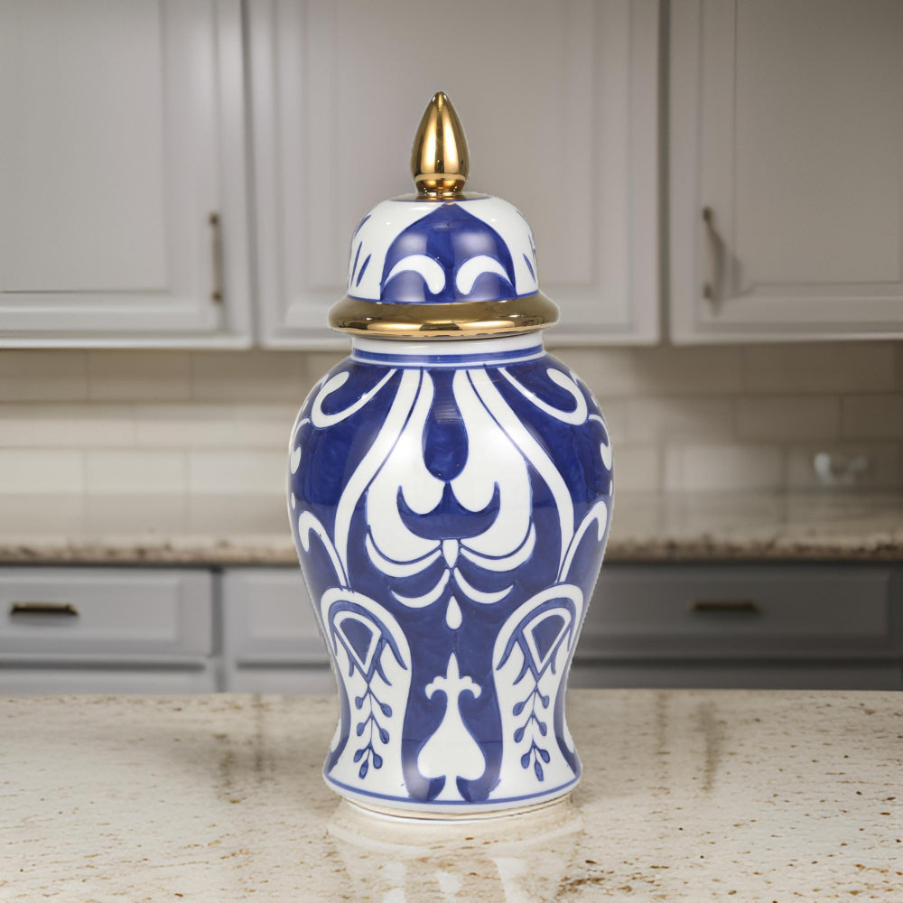 Nora Jar | Ceramic Urn Shape | Lid | Gold Accent | Blue
