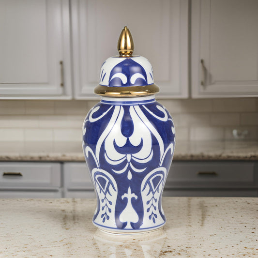 Urn Shaped Ceramic Jar with Lid and Gold Accent, Blue By Casagear Home