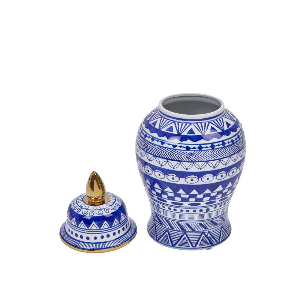 14.5 Inch Urn Shaped Ceramic Jar with Lid and Gold Accent, Blue By Casagear Home
