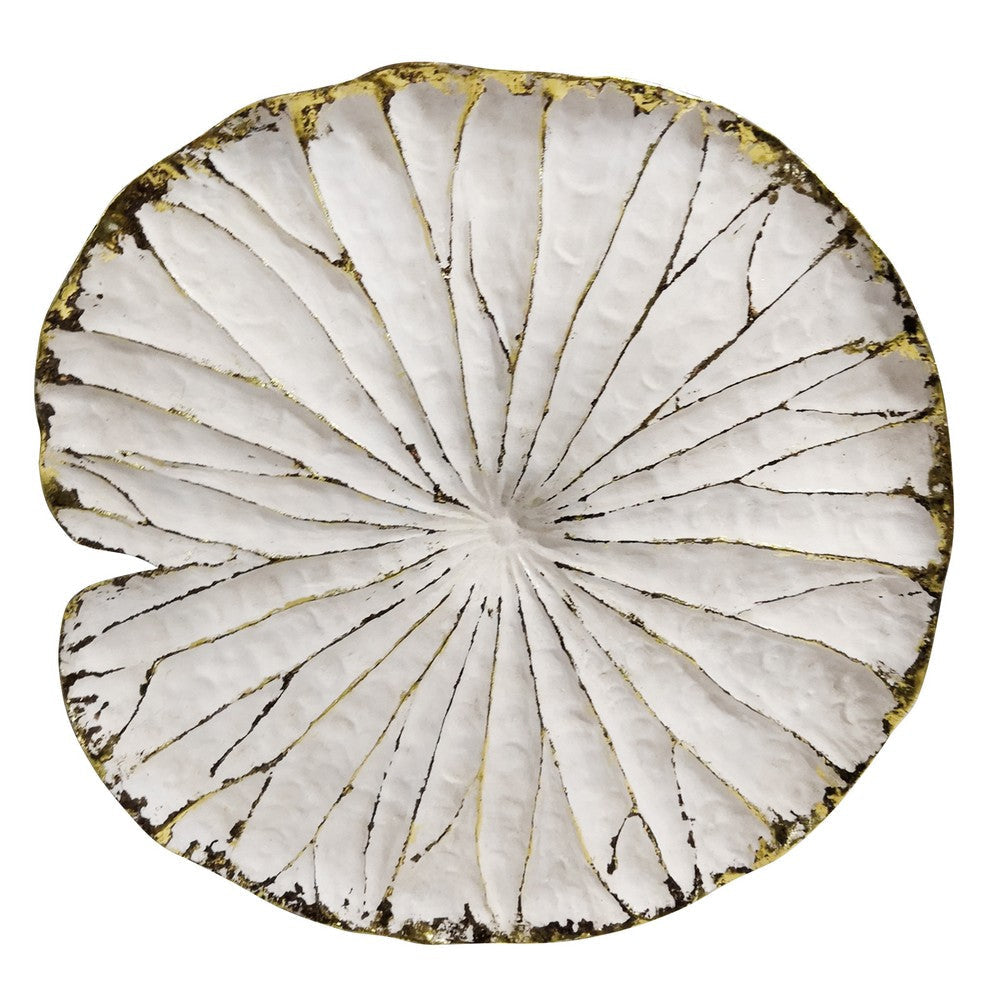 19 Inches Polyresin Frame Lotus Wall Decor, White and Gold