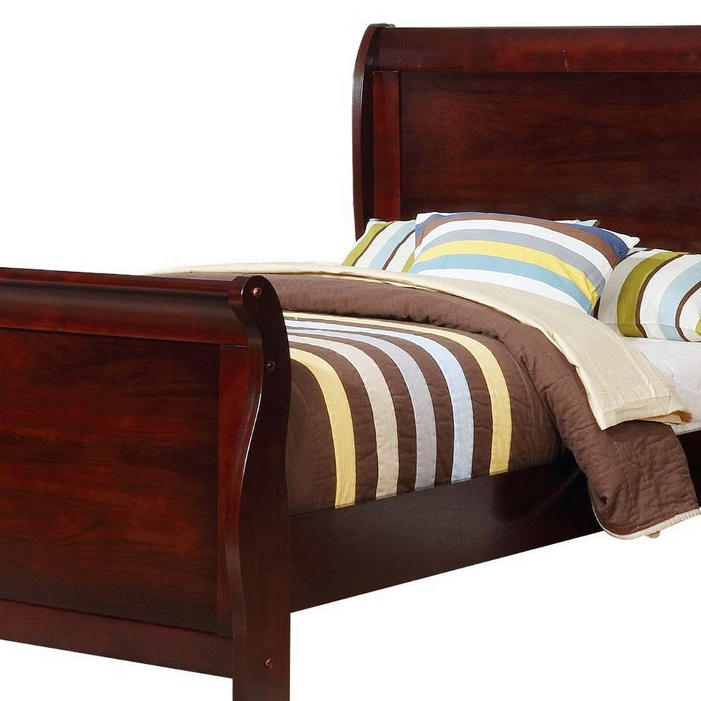 Twin Size Wooden Sleigh Bed with Panel Legs Cherry By Casagear Home BM229171