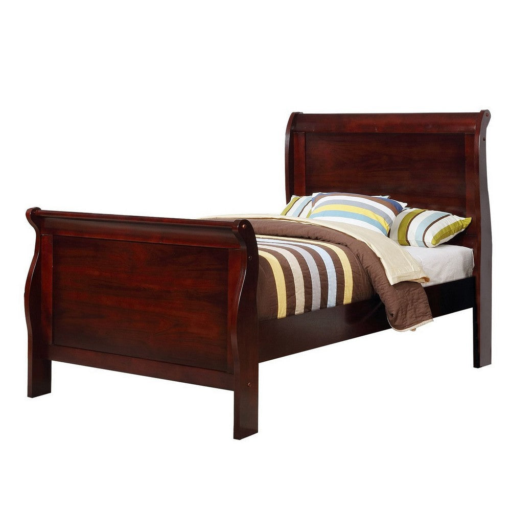 Twin Size Wooden Sleigh Bed with Panel Legs, Cherry By Casagear Home