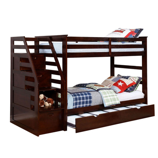 4 Storage Wooden Twin Over Twin Bunk Bed with Staircase, Dark Brown By Casagear Home