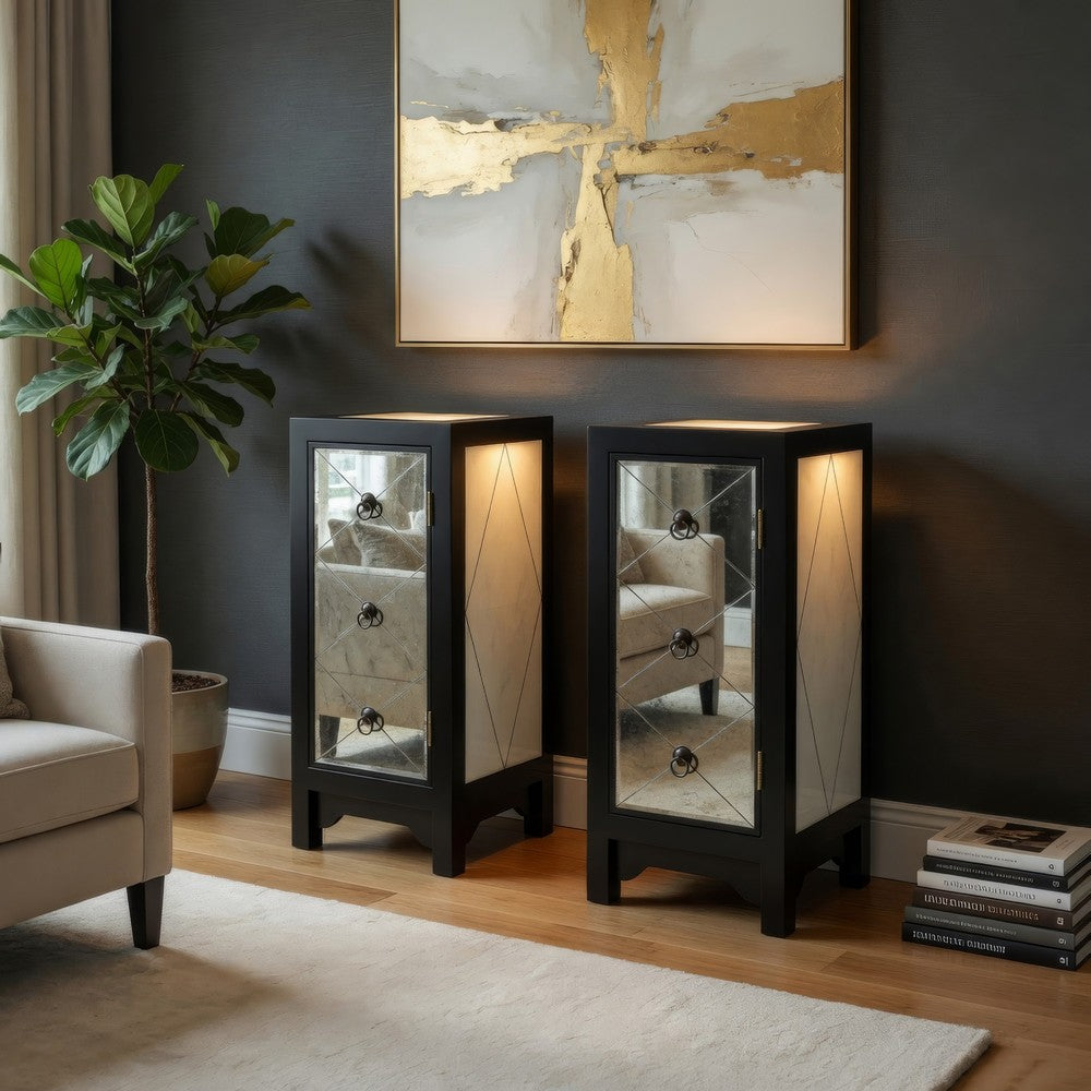 Milo Storage Chest | 34" | Wood & Mirror | 1 Door | Black