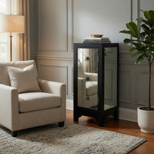 Milo Storage Chest | 34" | Wood & Mirror | 1 Door | Black
