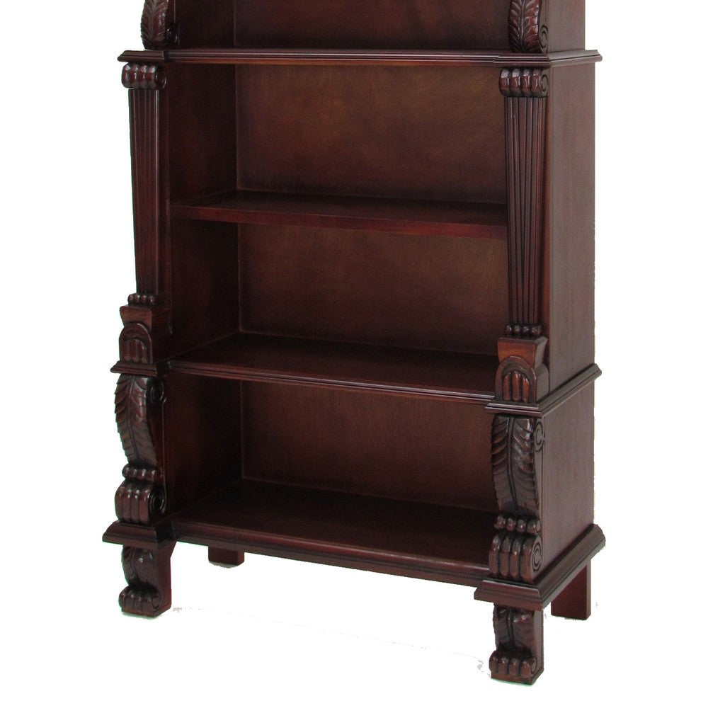 63 Inch Hand Carved Wooden Bookcase with 4 Shelves Brown By Casagear Home BM229428