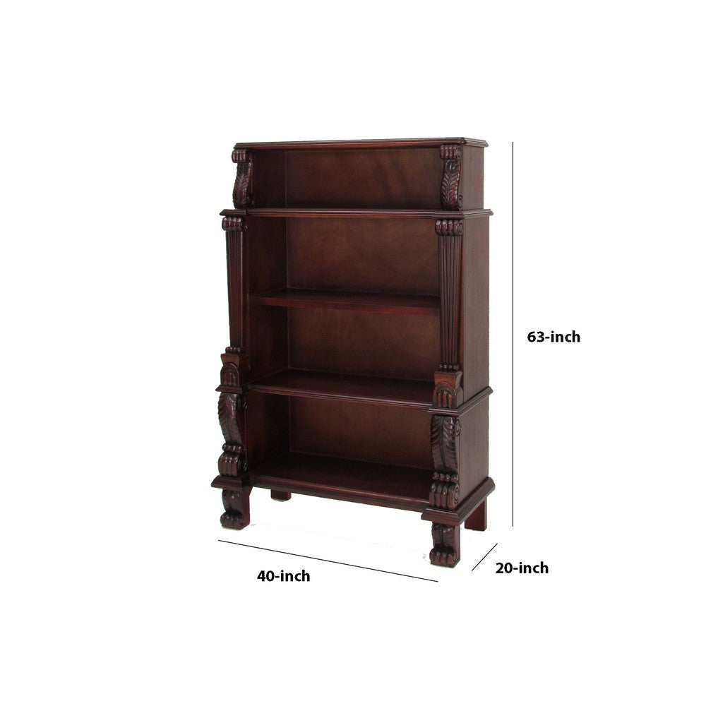 63 Inch Hand Carved Wooden Bookcase with 4 Shelves Brown By Casagear Home BM229428