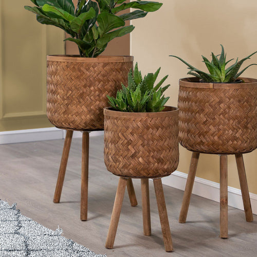 Zara Planters | Round Bamboo | Tripod Legs | Set of 3 | Brown