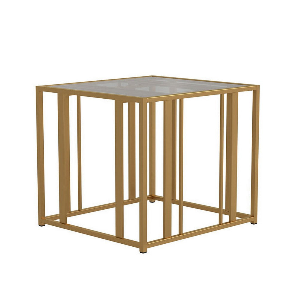 Glass Top End Table with Metal Tubular Base, Brass