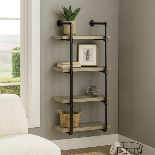 24 Inches 4 Tier Wood and Metal Wall Shelf, Gray and Black By Casagear Home