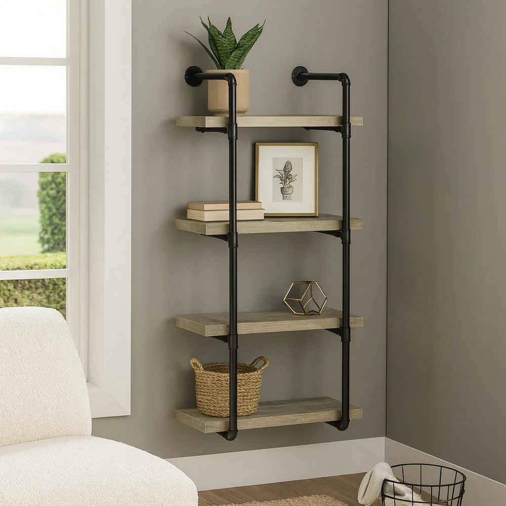 24 Inches 4 Tier Wood and Metal Wall Shelf, Gray and Black By Casagear Home