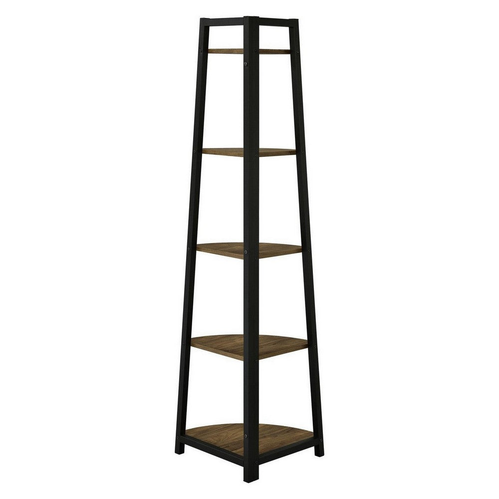 5 Tier Wood Corner Bookcase with Metal Frame, Brown & Black By Casagear Home