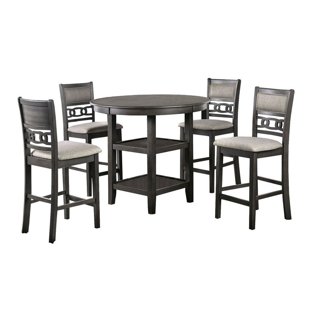 5 Piece Counter Height Table with Open Geometric Back Chairs, Gray
