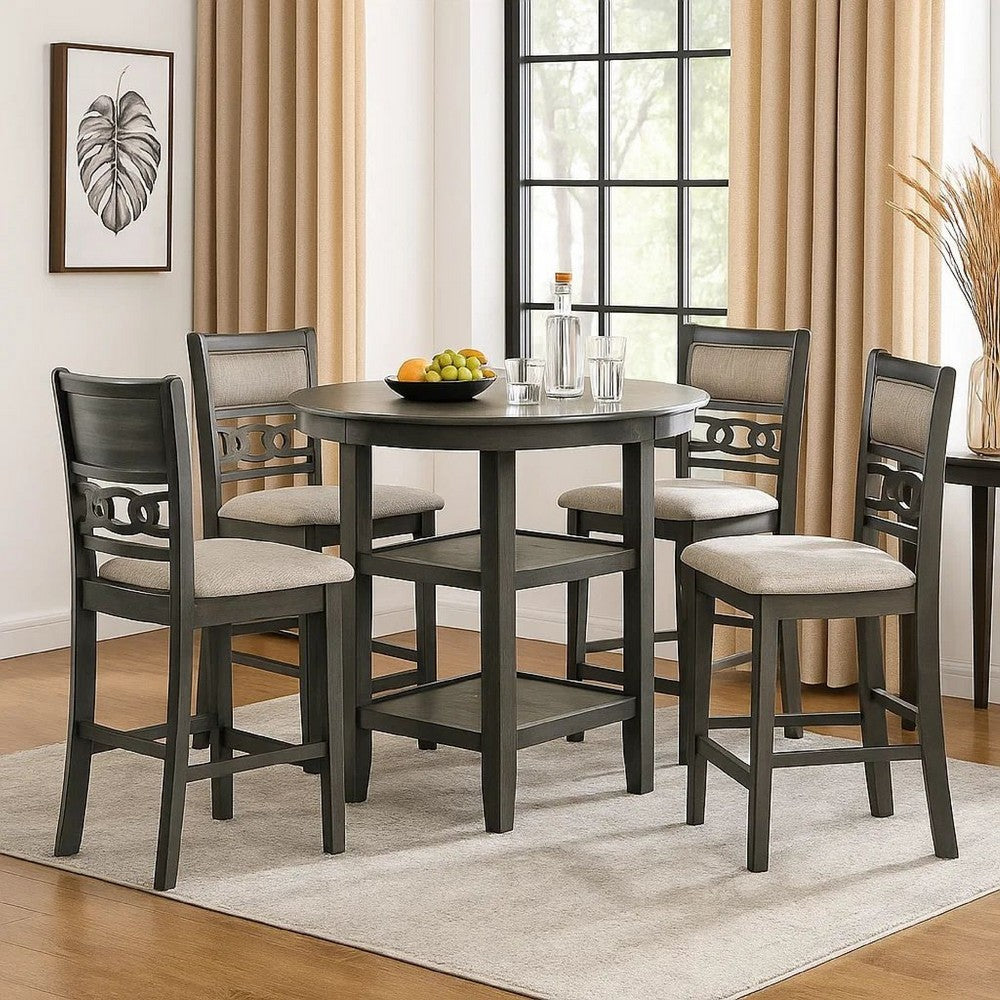 5 Piece Counter Height Table with Open Geometric Back Chairs, Gray