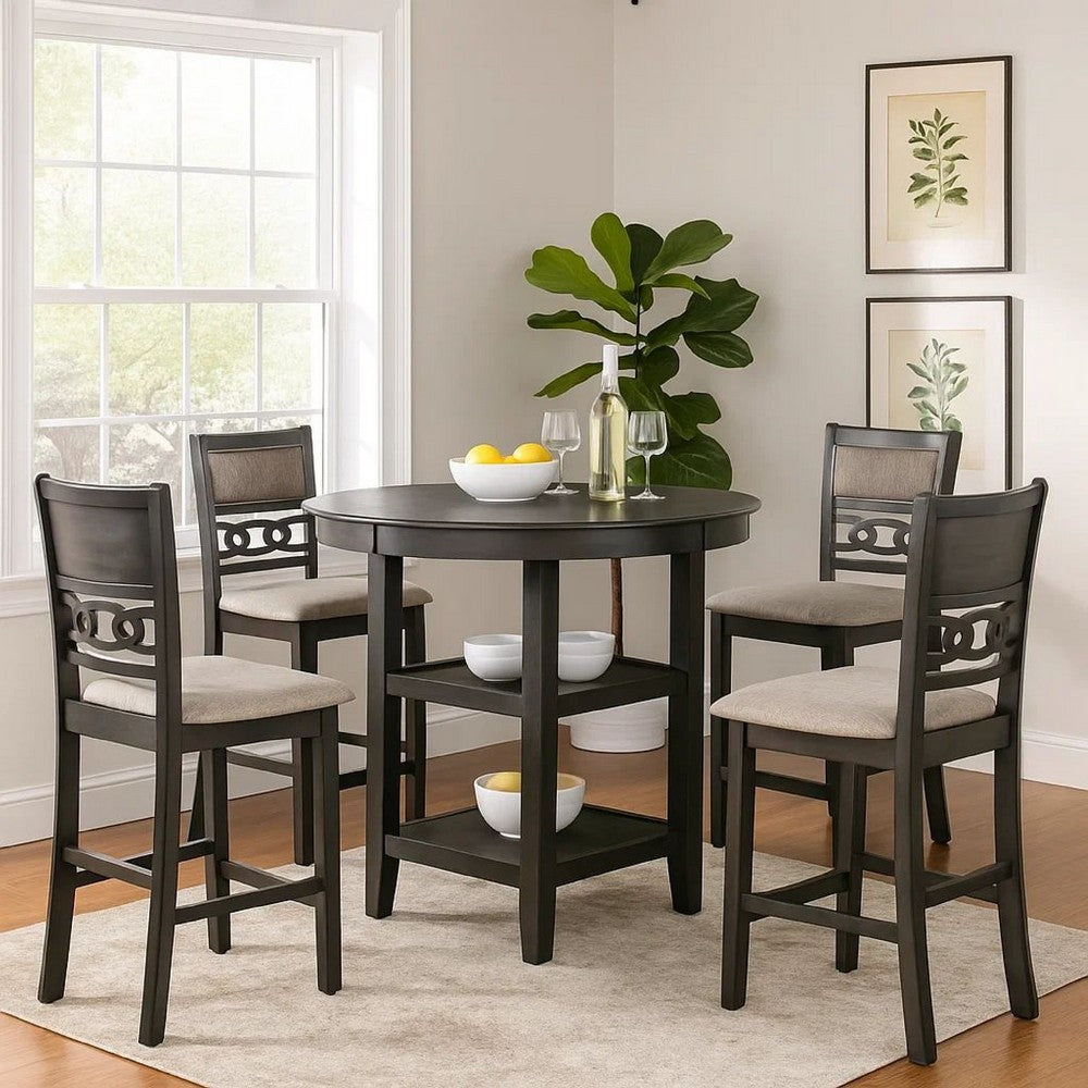 5 Piece Counter Height Table with Open Geometric Back Chairs, Gray