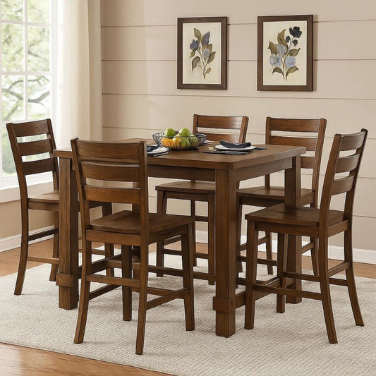 Paxon Counter Table | Rustic Plank Wood | Block Legs | Oak Brown