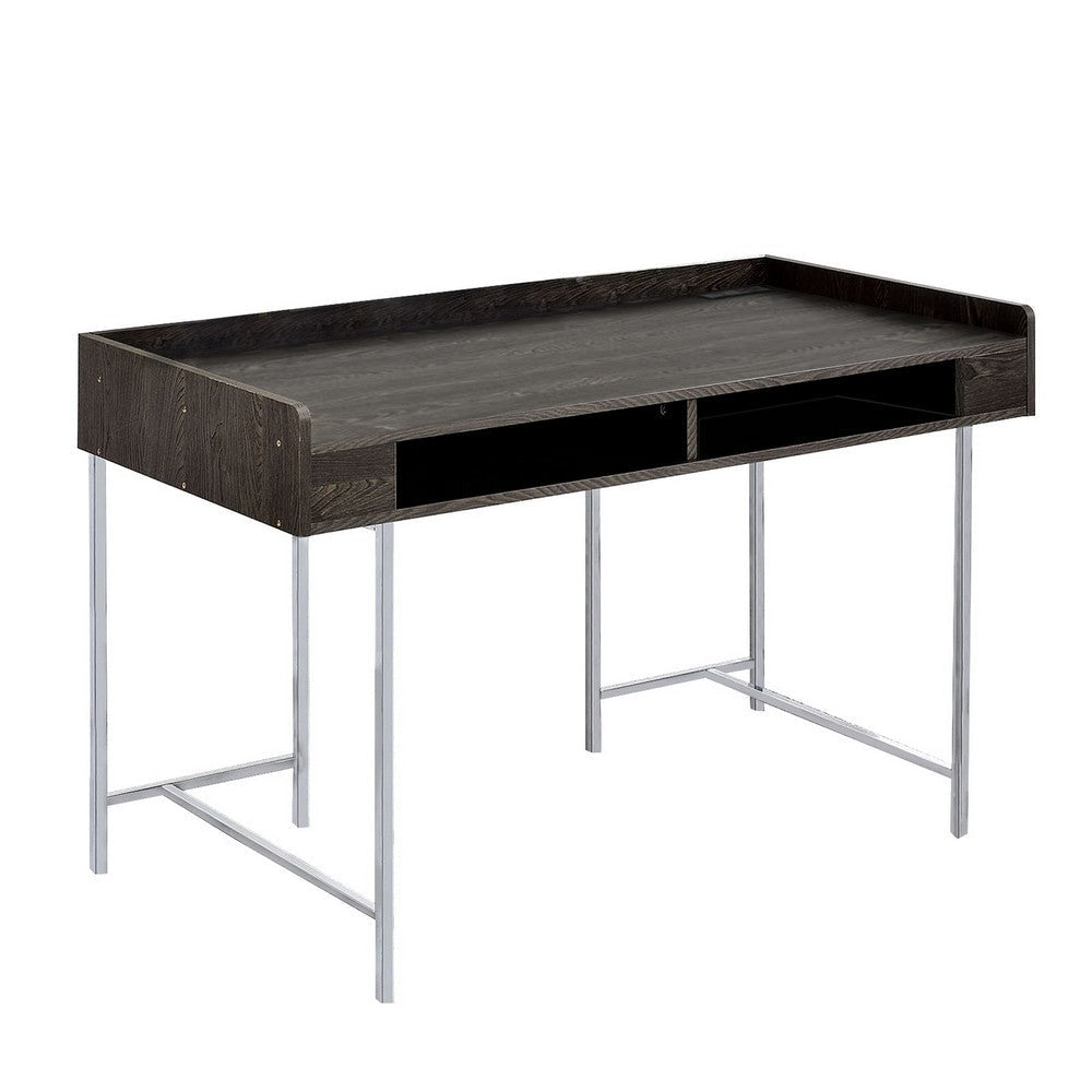 Wooden Desk with Metal Base and Open Compartments, Brown
