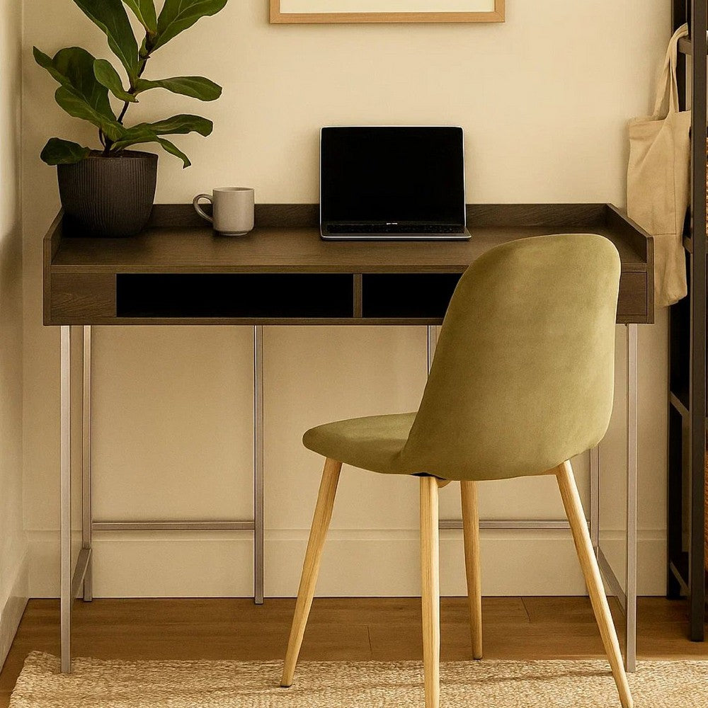 Wooden Desk with Metal Base and Open Compartments, Brown