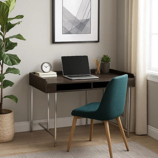 Wooden Desk with Metal Base and Open Compartments, Brown