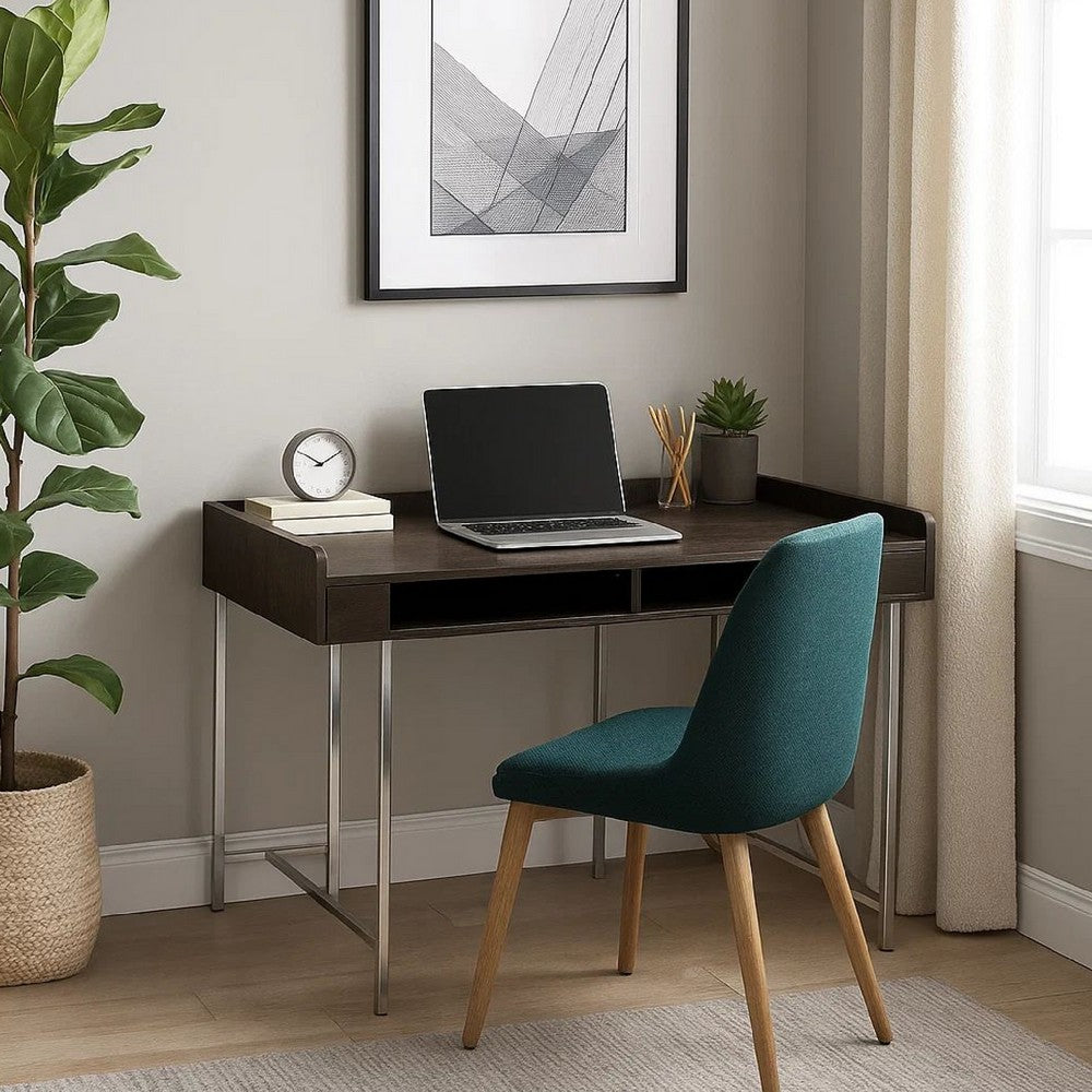 Wooden Desk with Metal Base and Open Compartments, Brown