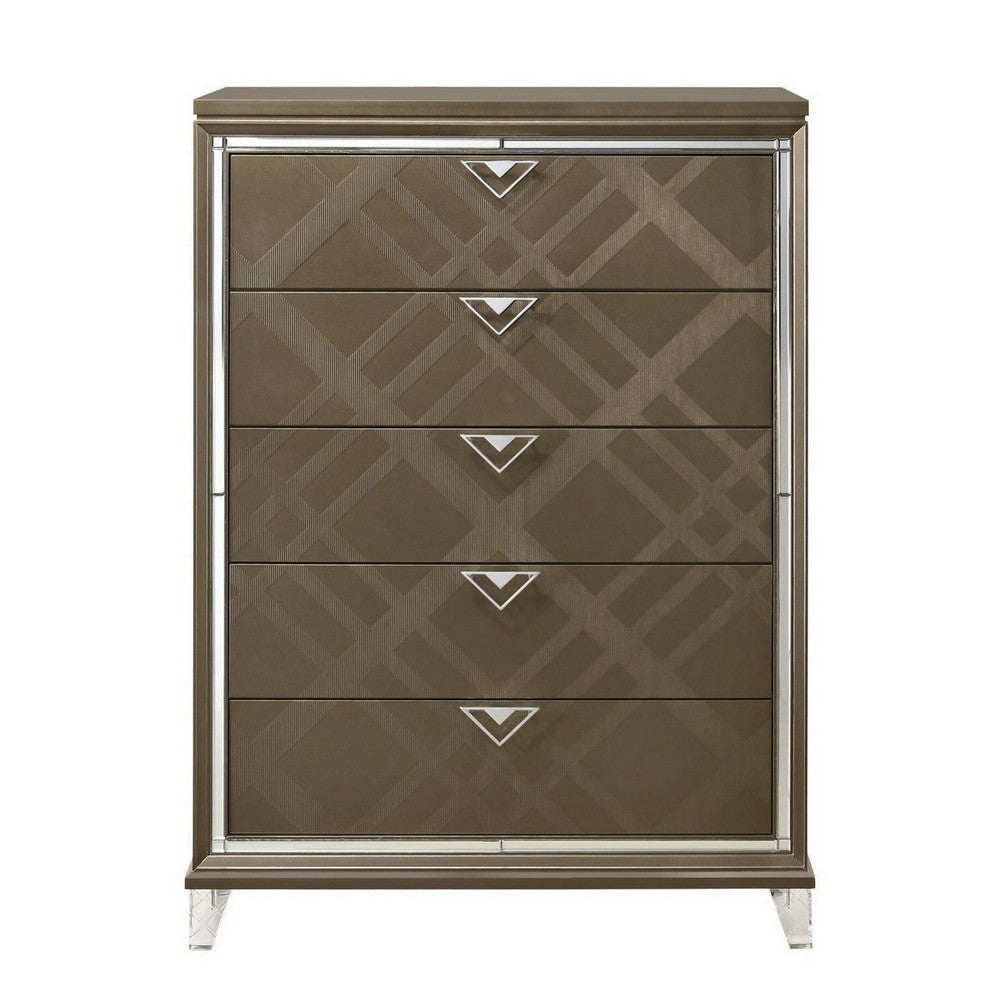 5 Drawer Wooden Chest with Acrylic Legs and Mirror Trim Taupe Brown BM230130