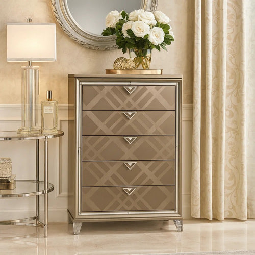 5 Drawer Wooden Chest with Acrylic Legs and Mirror Trim, Taupe Brown