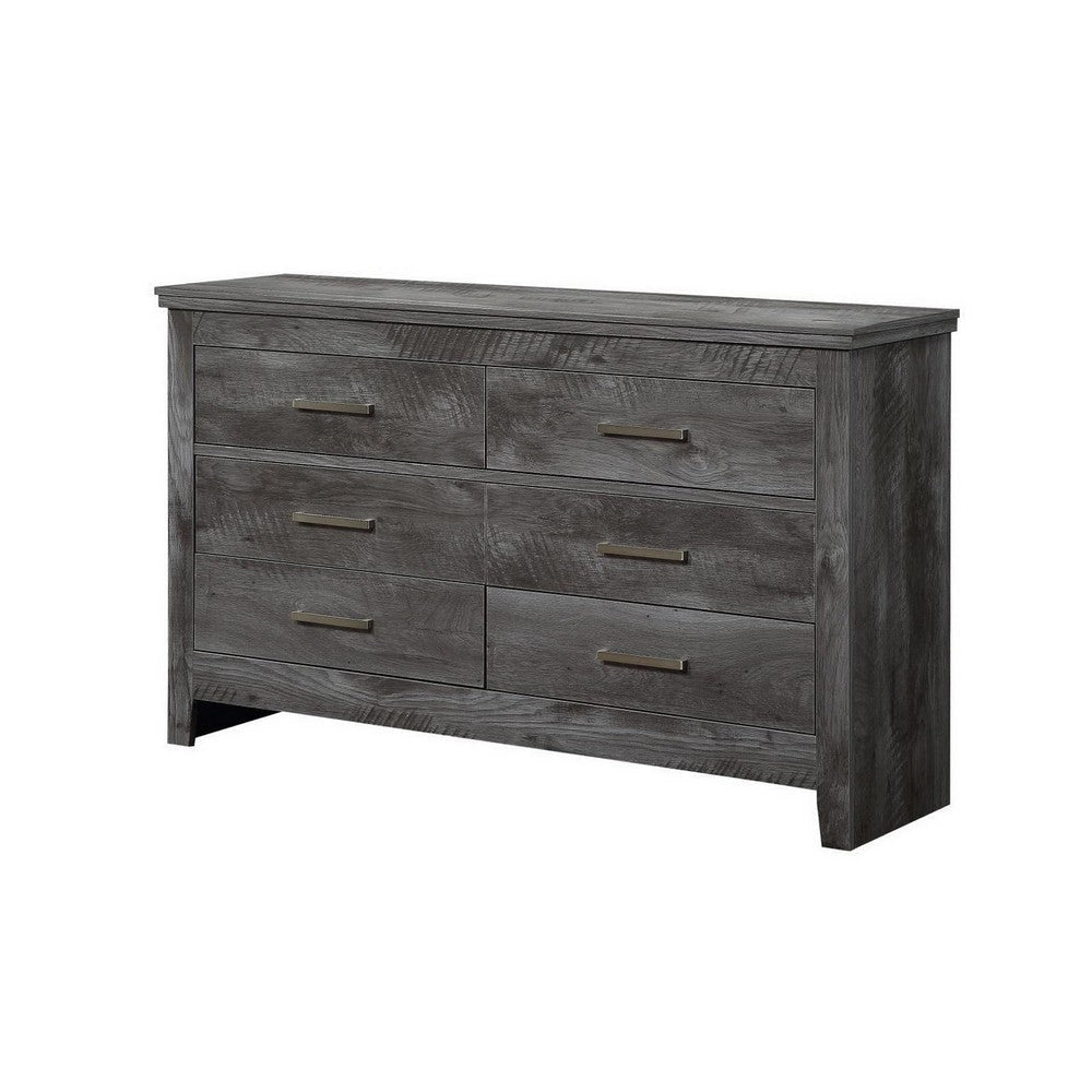 6 Drawer Wooden Dresser with Metal Bar Pulls, Rustic Gray