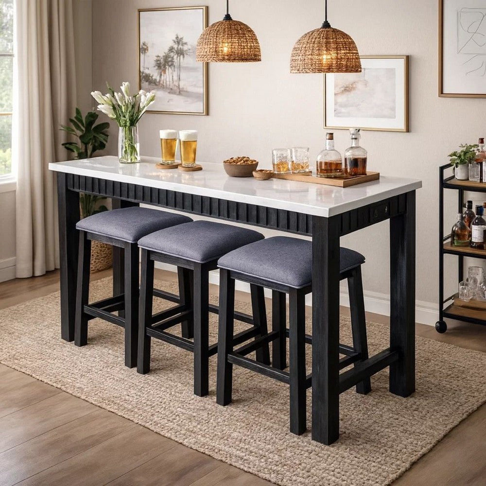 4 Piece Marble Top Table and Stool Set, White and Brown