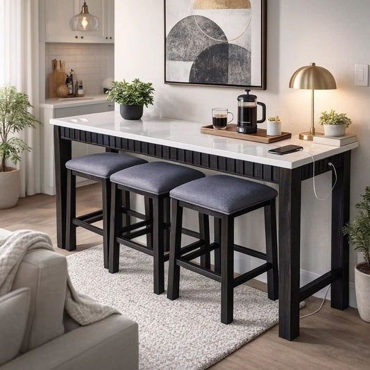 4 Piece Marble Top Table and Stool Set, White and Brown