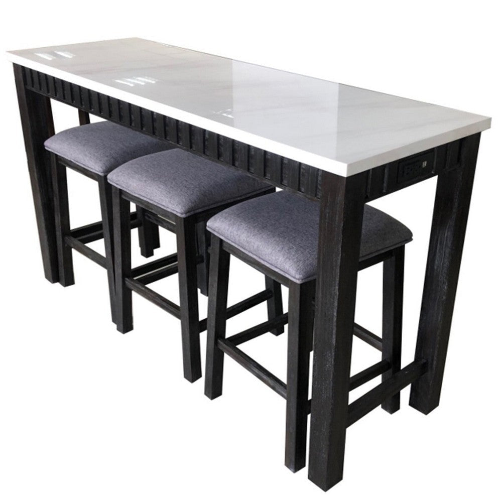 4 Piece Marble Top Table and Stool Set, White and Brown