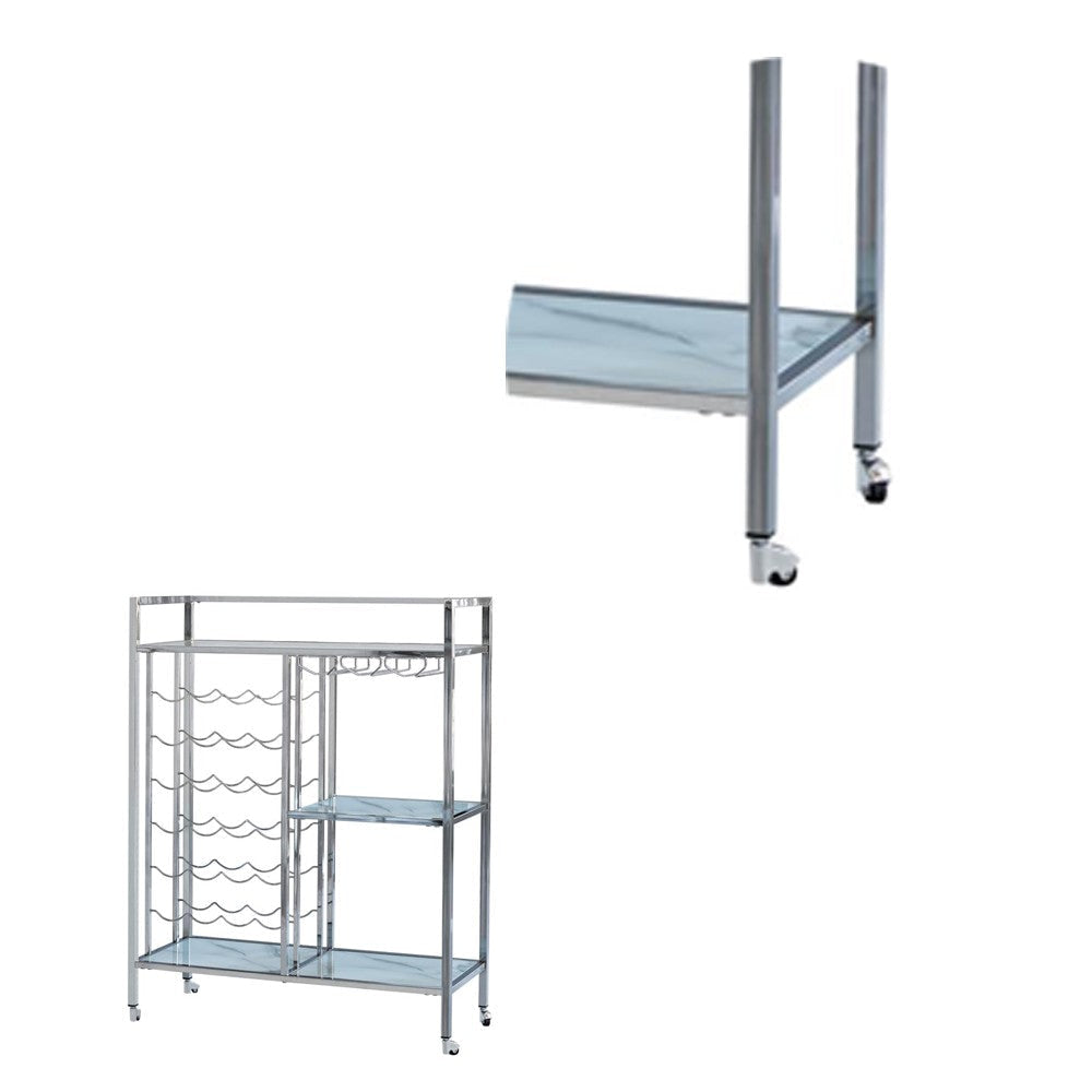 Metal Serving Cart with Wine and Stemware Rack Silver BM230344