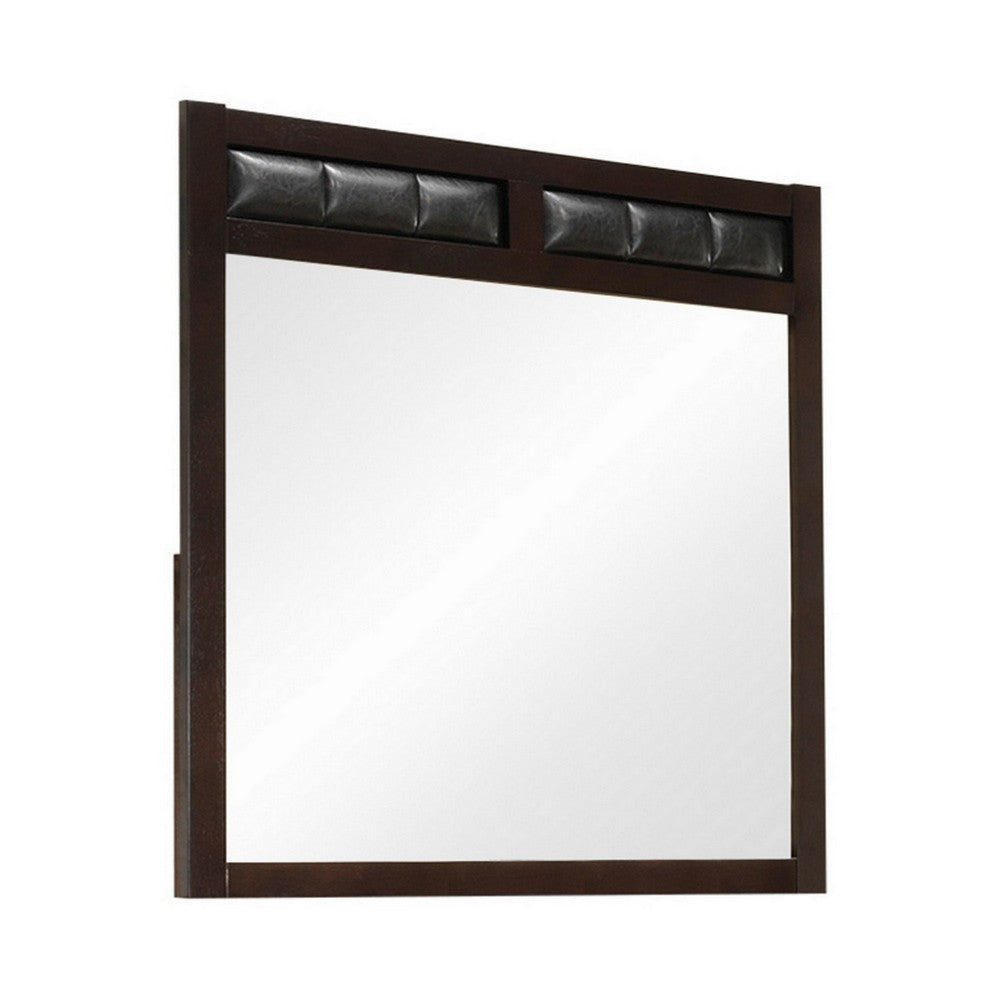 Rectangular Wooden Frame Mirror with Leatherette Panels, Brown