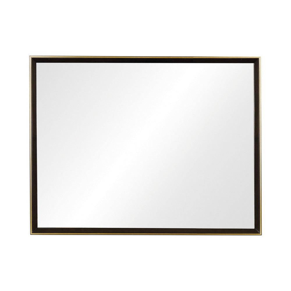 Rectangular Wooden Frame Mirror with Gold Trim, Espresso Brown