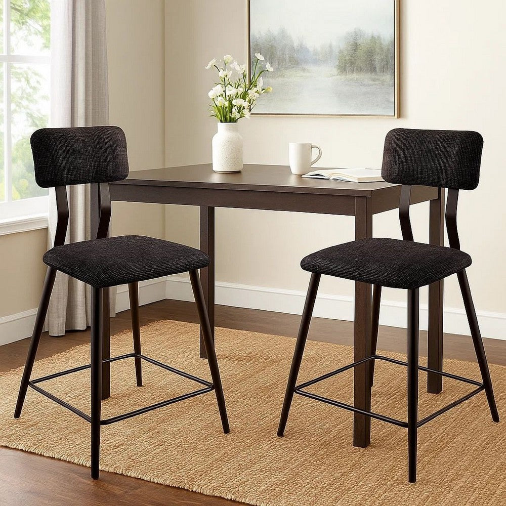 Fabric Counter Height Chairs with Angled Metal Legs, Set of 2, Black
