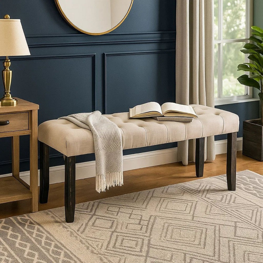 Alden Bench | 20" | Button Tufted Wood Frame | Black & Beige