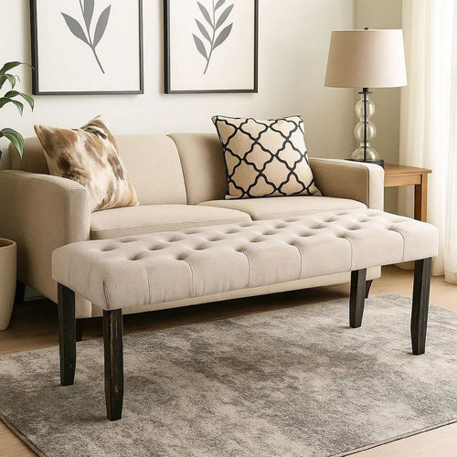 Alden Bench | 20" | Button Tufted Wood Frame | Black & Beige