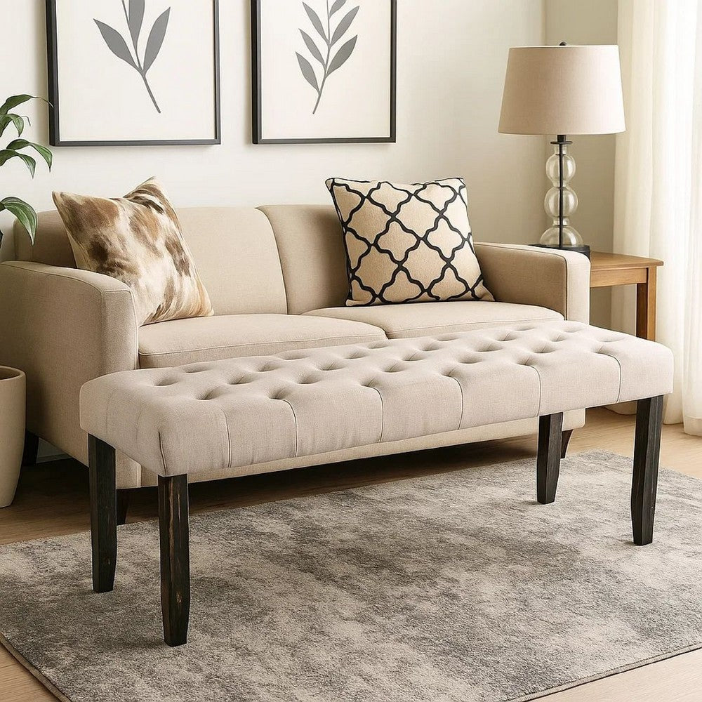 Alden Bench | 20" | Button Tufted Wood Frame | Black & Beige
