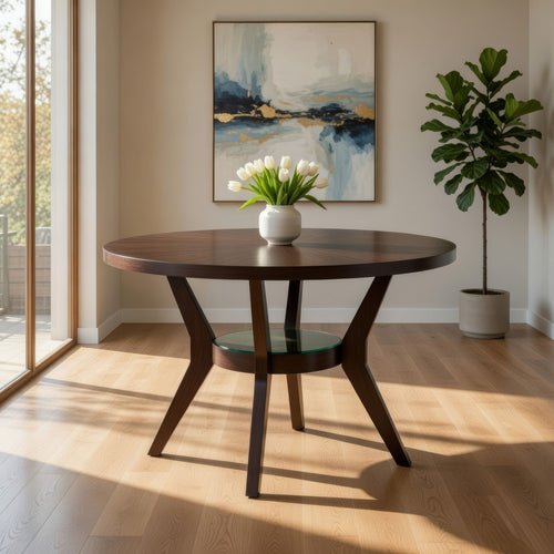 Jude Dining Table | 48" Round | Modern Style | Bottom Shelf | Brown