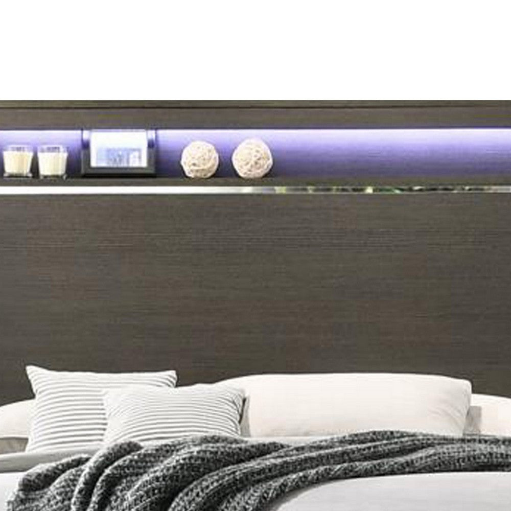 Wooden Eastern King Bed with LED Storage Shelf Gray BM230684