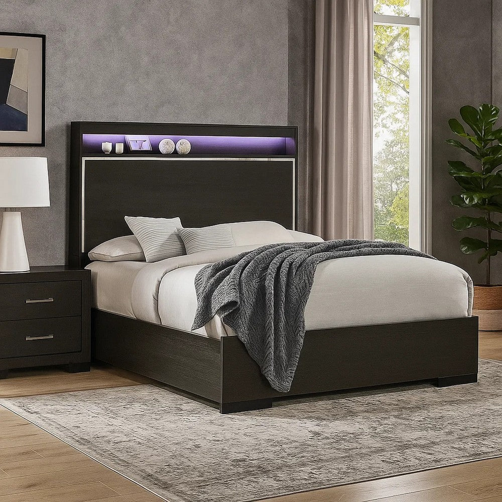 Wooden Eastern King Bed with LED Storage Shelf, Gray