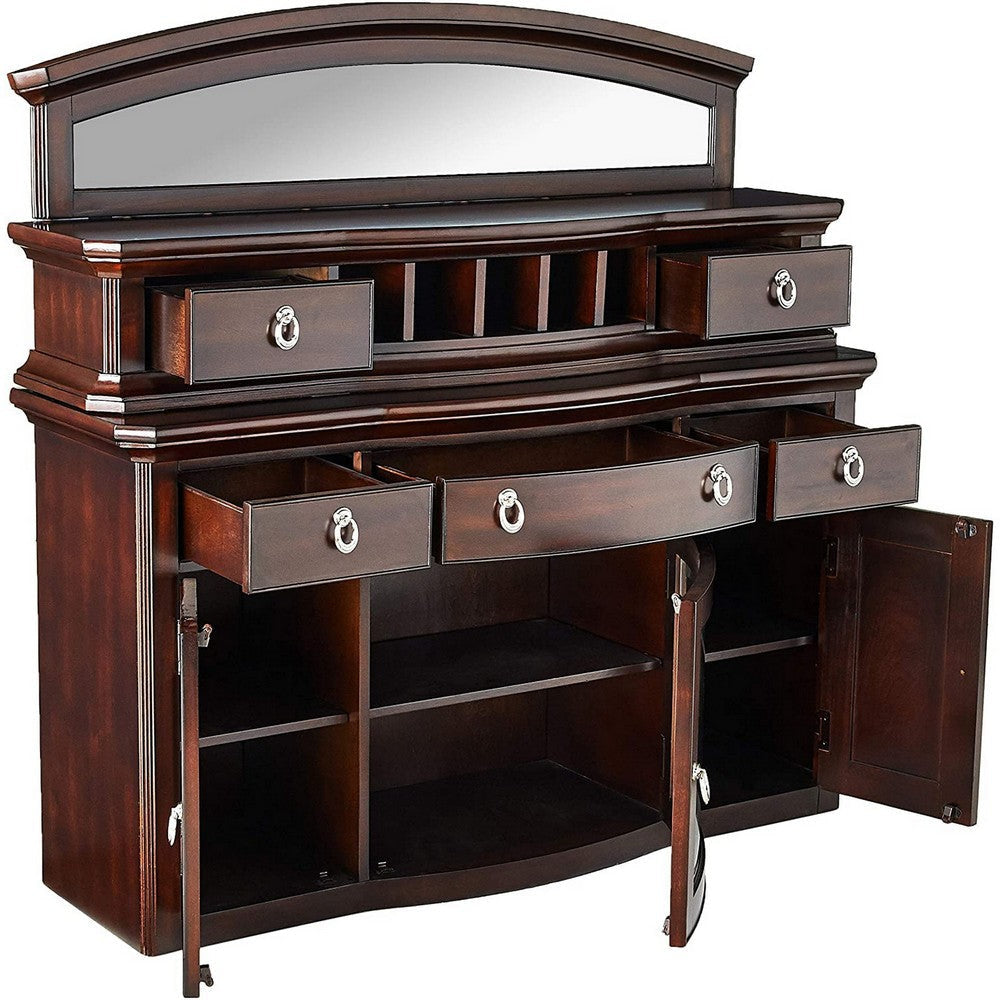 5 Drawer Wooden Server with Mirror and 3 Door Storage Brown BM230692