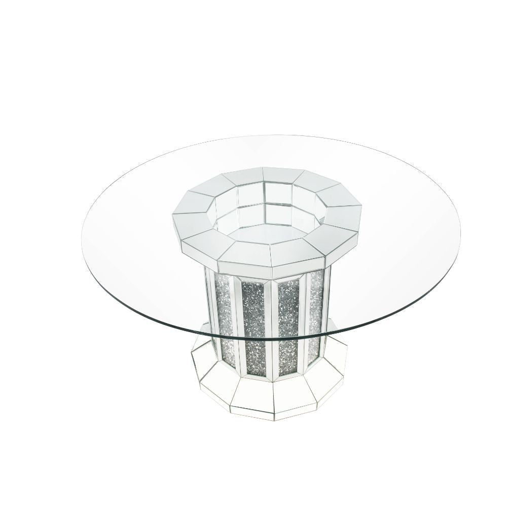 Round Glass Top Dining Table with Cross Oval Base Silver BM230702