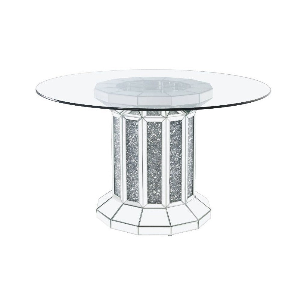 Round Glass Top Dining Table with Cross Oval Base, Silver