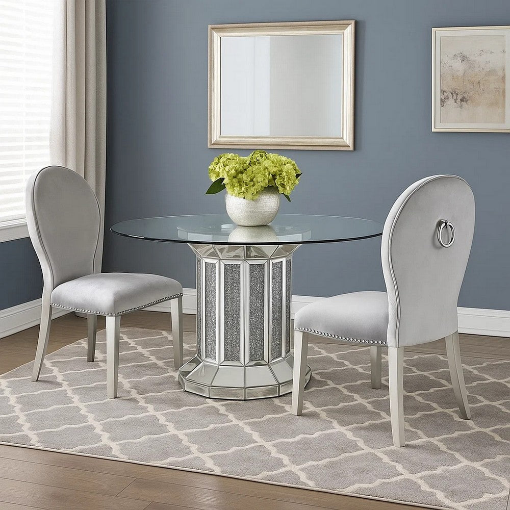 Round Glass Top Dining Table with Cross Oval Base, Silver