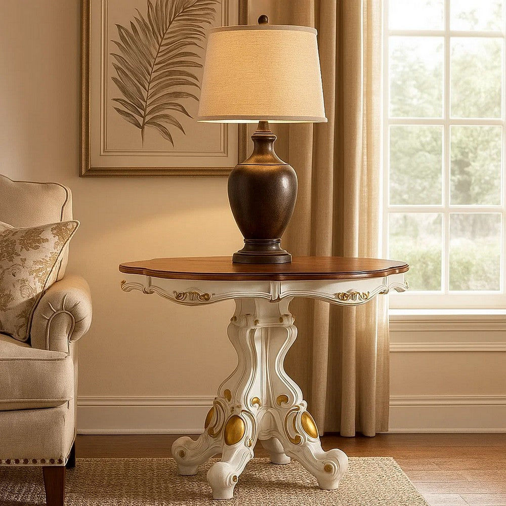 Scalloped Top Counter Table with Scrolled Pedestal Base, White and Brown