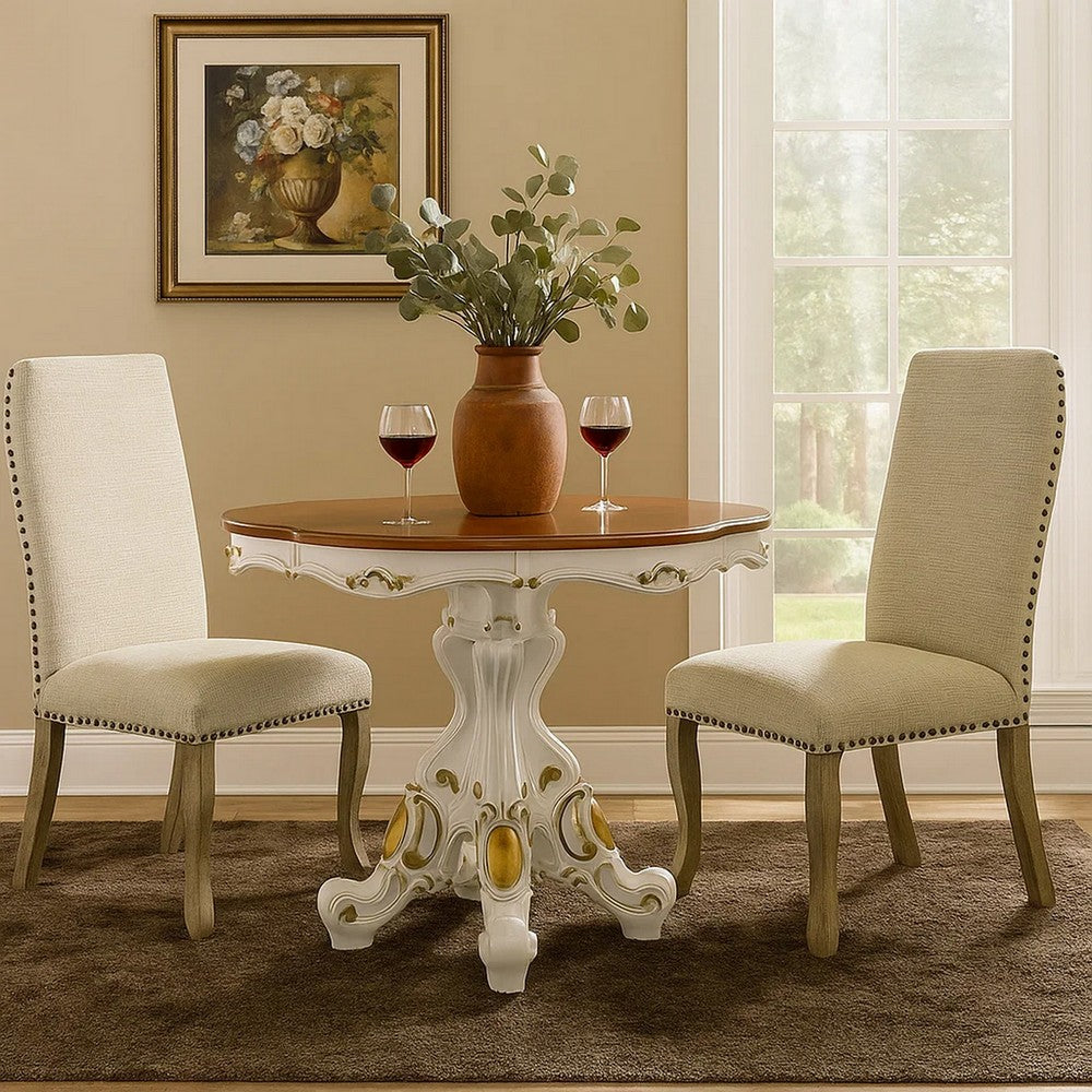 Scalloped Top Counter Table with Scrolled Pedestal Base, White and Brown