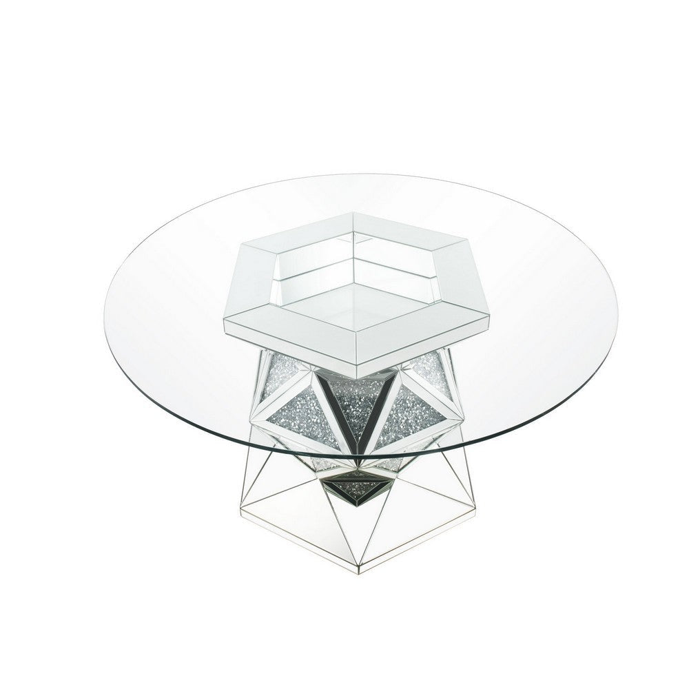 Round Dining Table with Faux Crystals Inlay and Pedestal Base Silver BM230716