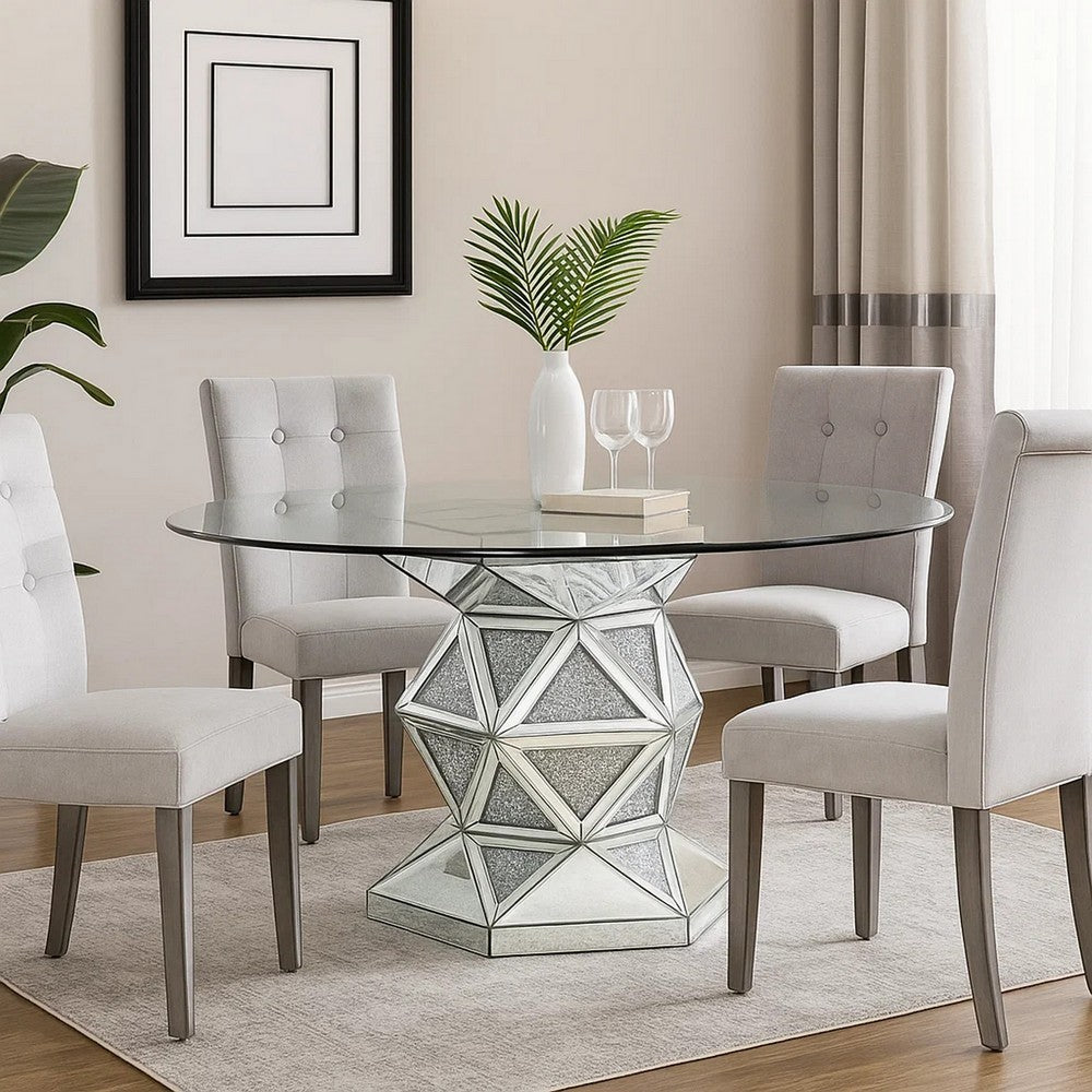 Round Dining Table with Faux Crystals Inlay and Pedestal Base, Silver